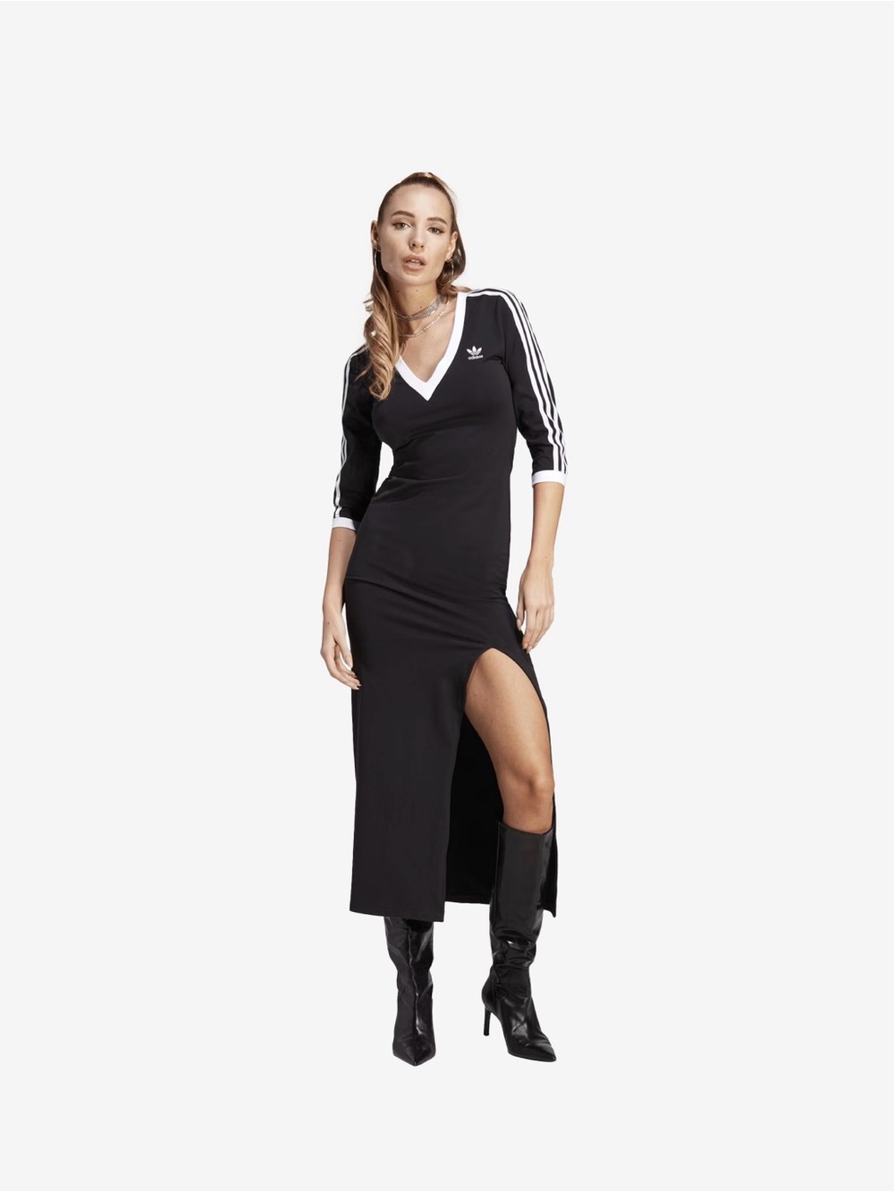 adidas Black V-Neck Maxi Dress with White Stripe Detail - Picture 2 of 7